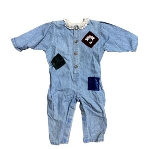 Vintage San Francisco Blues Denim Jumpsuit Lace Collar Velvet Patches 18M